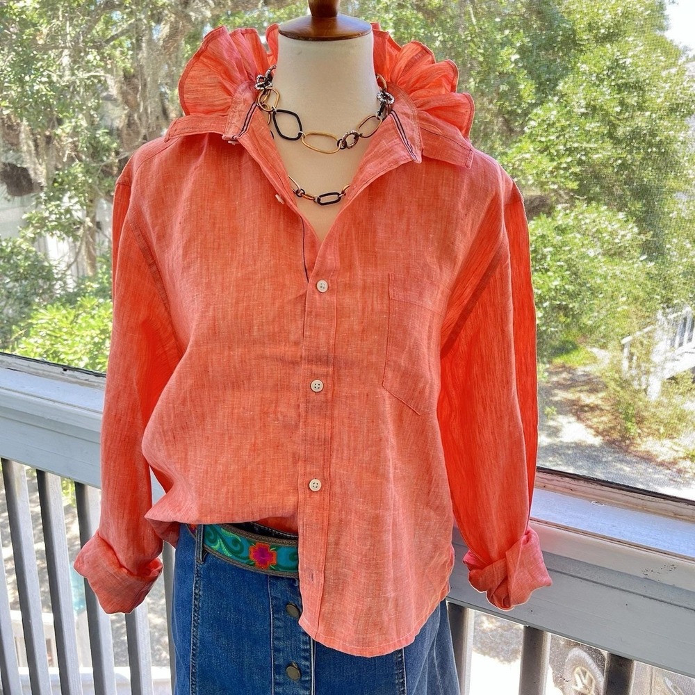 Upcycled Re-worked Nautica Classic Coral Solid Linen Prep Ruffle Collar Shirt L